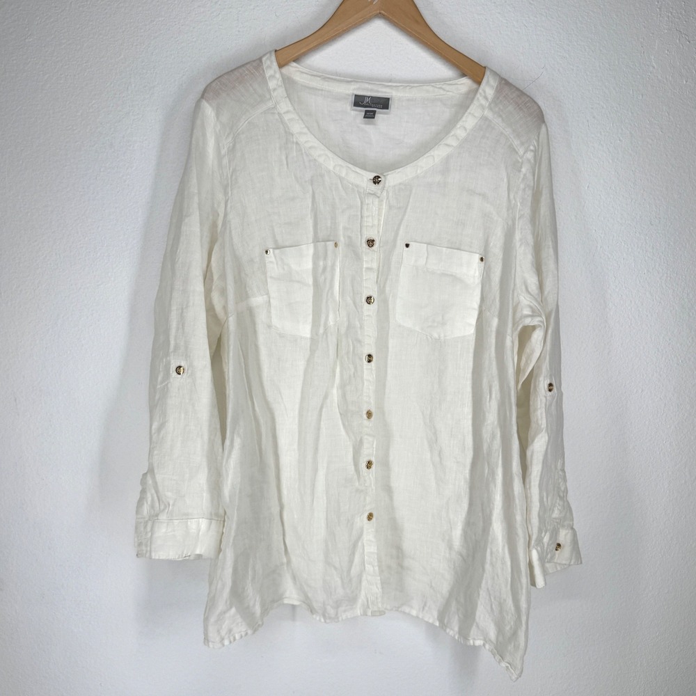 Woman Whiteβ 100% Linen Roll Tab Button Down Shirt 16W Plus Size Gold Buttons
